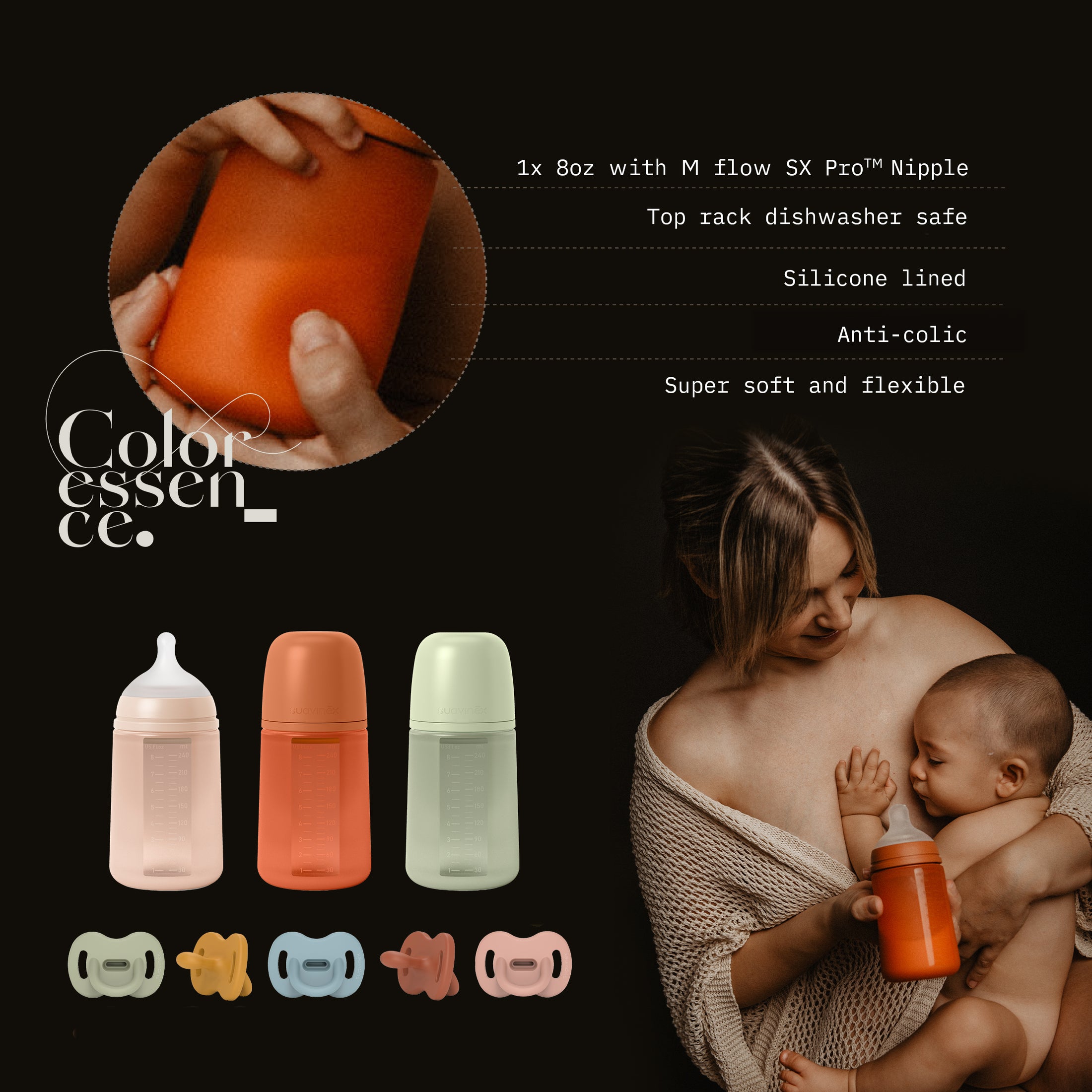 Suavinex Color Essence 8oz Silicone Bottle, Medium Flow