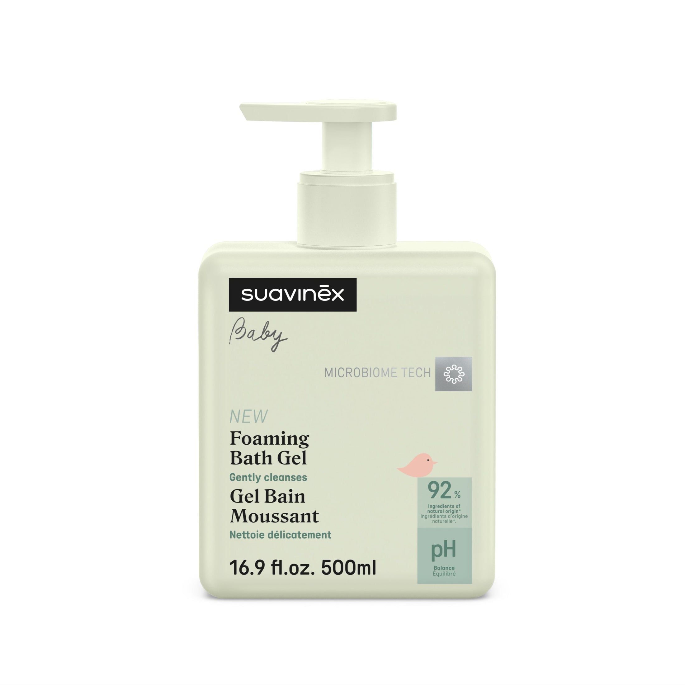 Suavinex baby foaming bath gel bottle on a white background