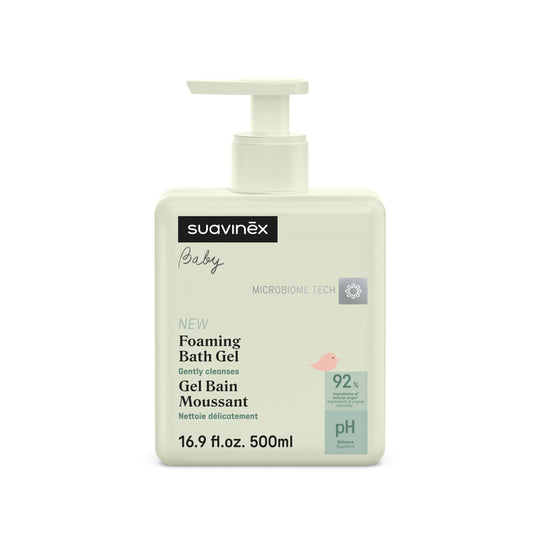 Suavinex baby foaming bath gel bottle on a white background