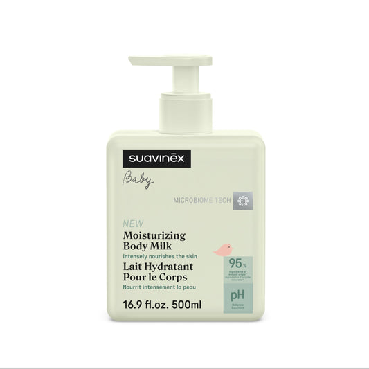 Suavinex baby moisturizing body milk bottle on a white background