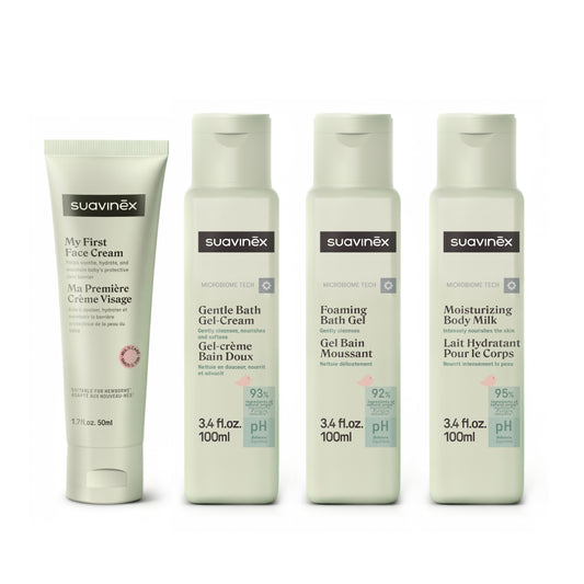 Suavinex baby care products including face cream, gel-cream, bath gel, and body milk on a white background.