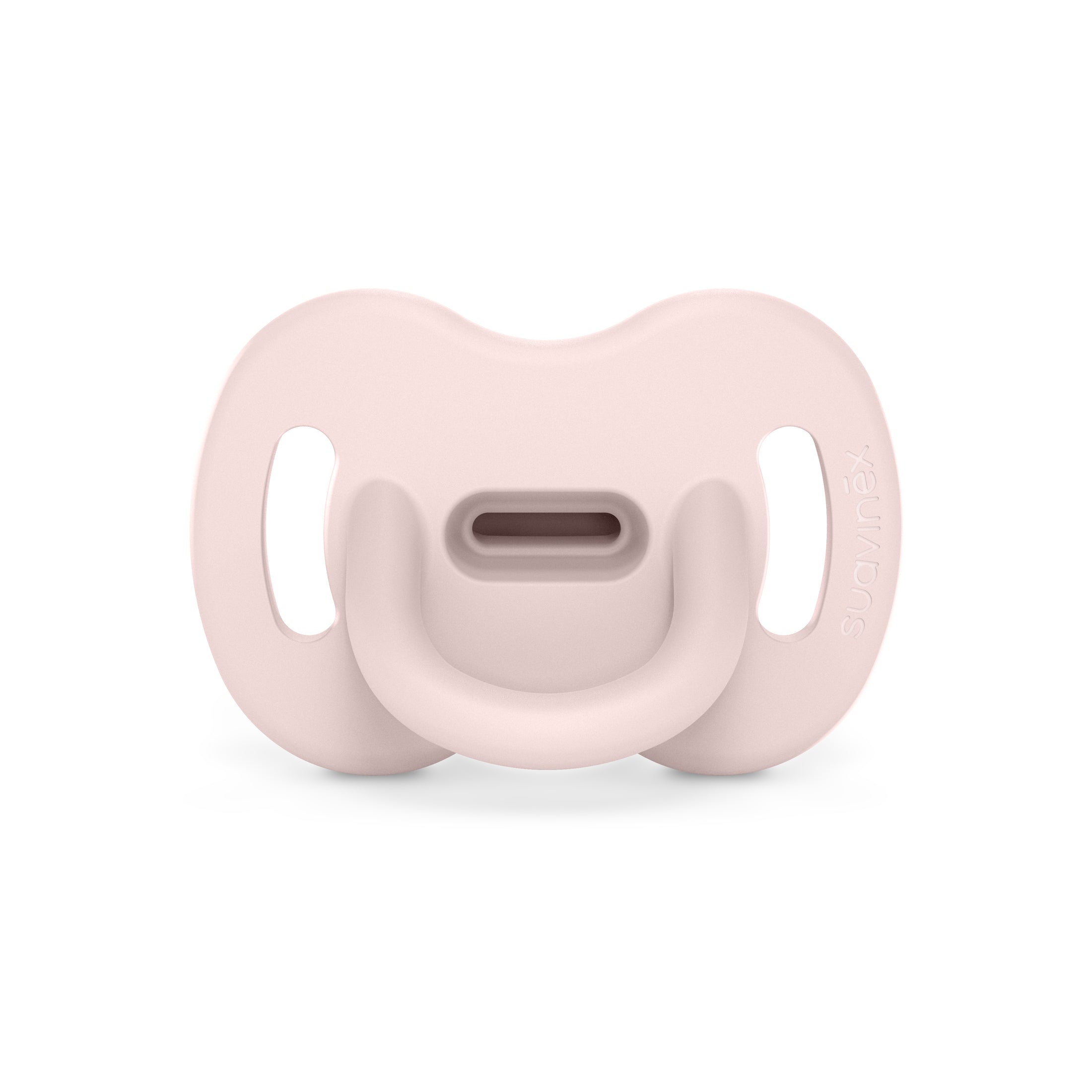Pink pacifier on a white background